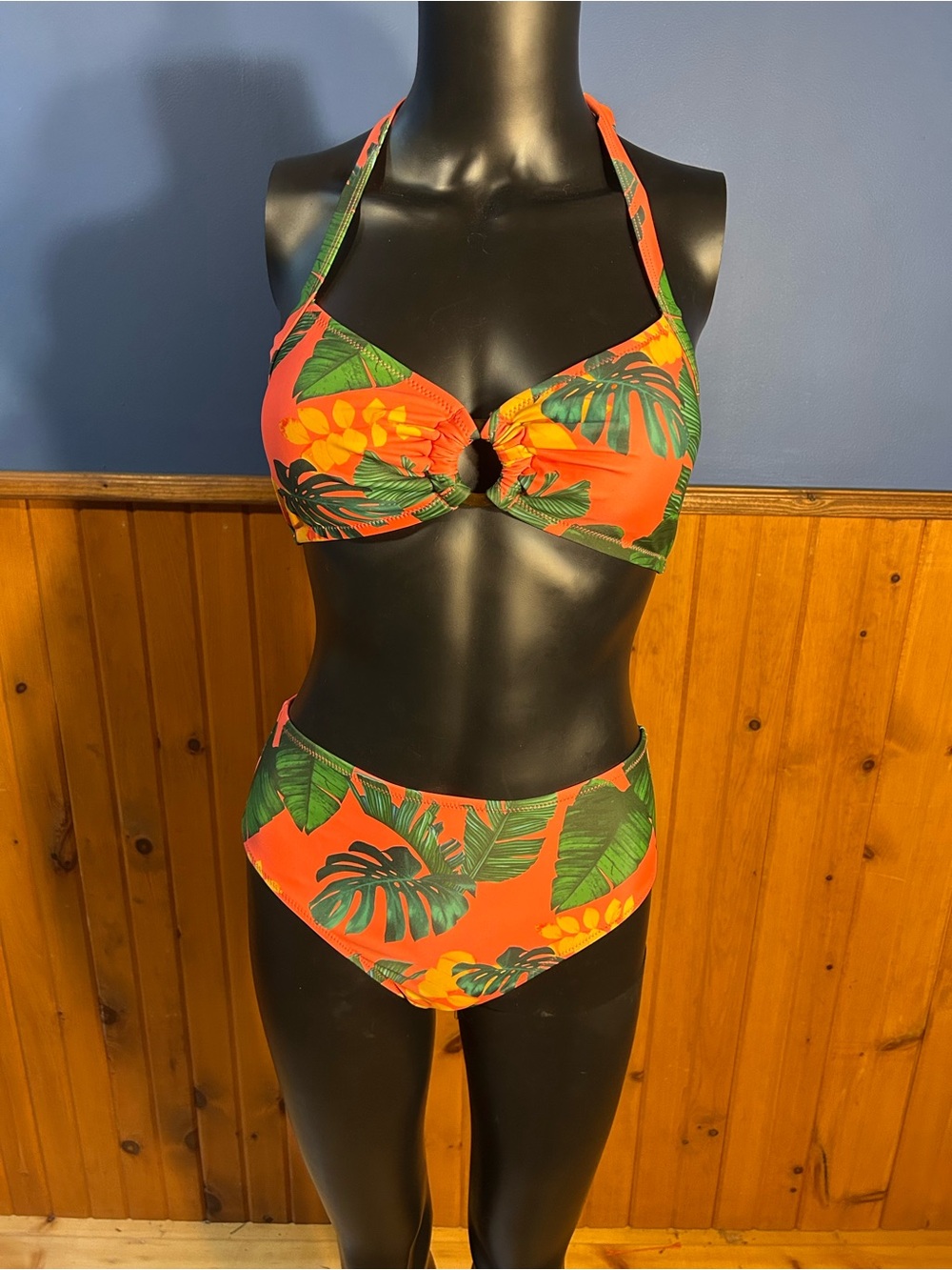 NWT. Orange Tropical Leaf Halter Bikini with Gathered Ring Center Detail